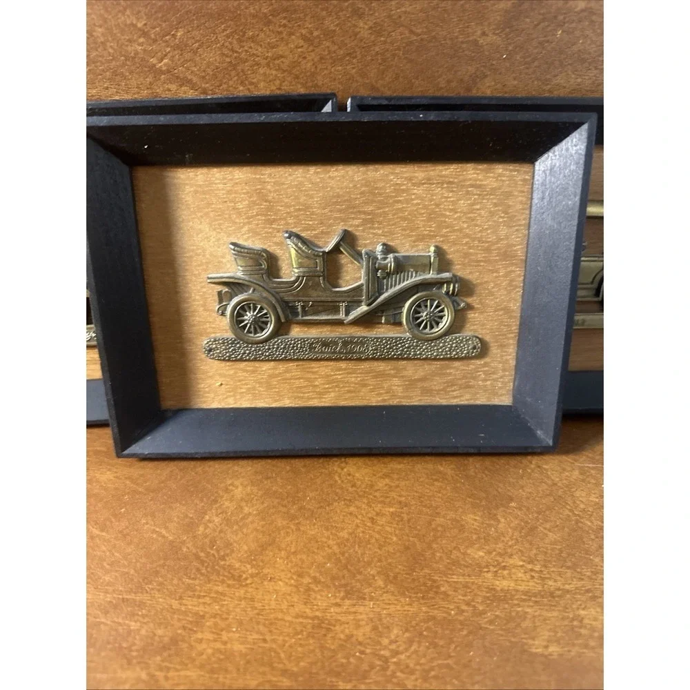 Vintage Brass Antique Cars Mounted on Wood Wall Hangings  Japan 5